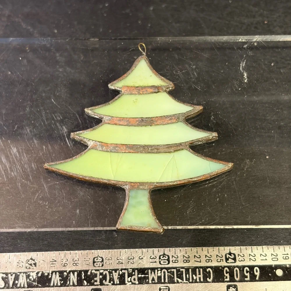 Vintage Stained Glass Christmas Tree Ornament Green Slag Glass Suncatcher 4.25in